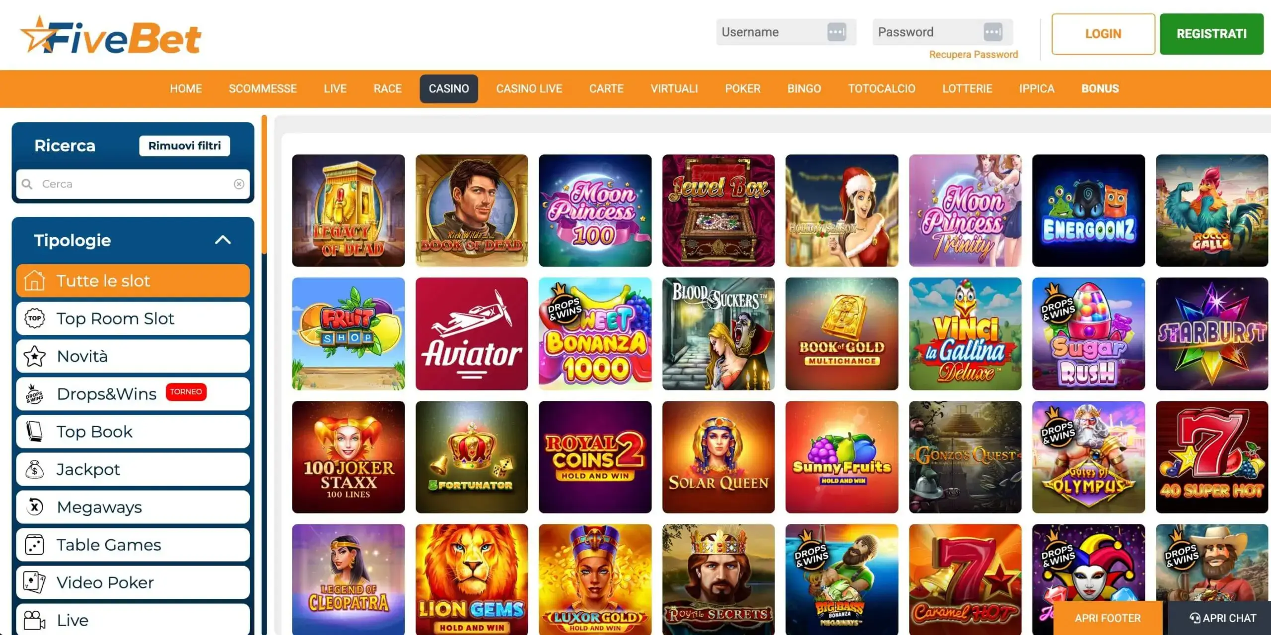 Fivebet Casino Homepage – schermata principale